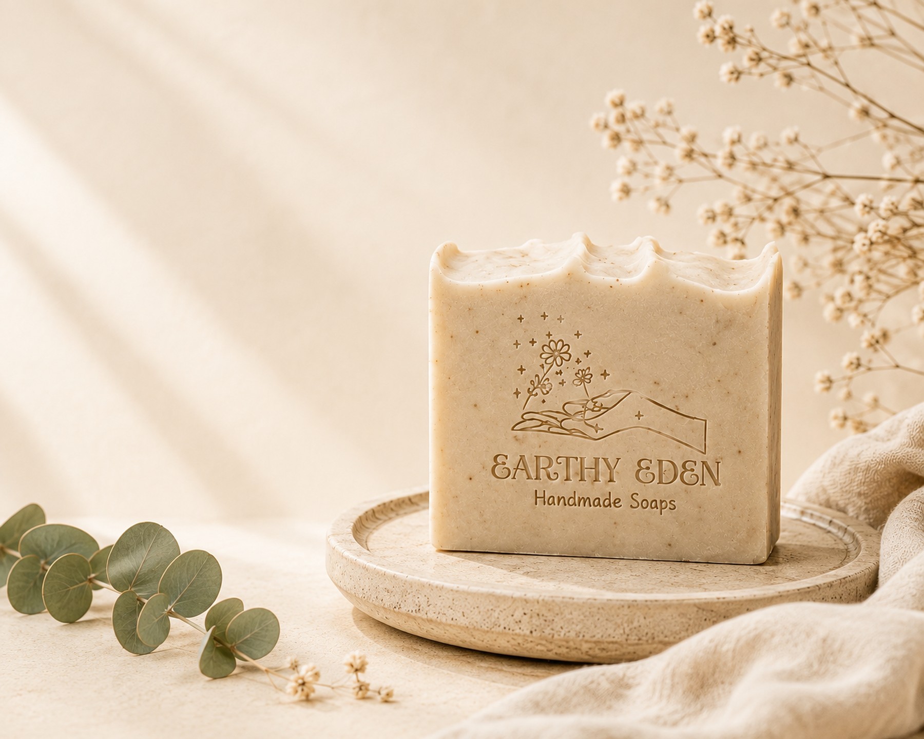 Earthy Eden Handmade Soaps bar on a stone dish with dried flowers
